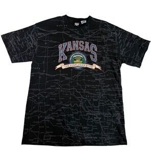 Vtg State of Mine Kansas Sunflower State Map T-Shirt Mens L Black All Over Print